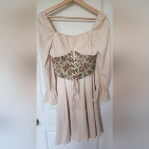 Midi Beige Long Sleeve Y2K Dress Romantic Medieval Boho Corset Style Edgy Sz XS